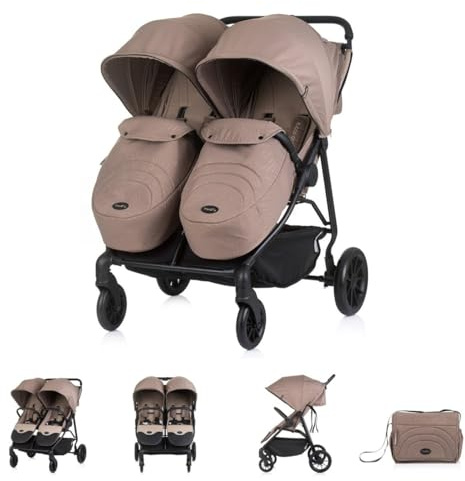 Chipolino Zwillingskinderwagen Top Stars, 77 cm breit, Wickeltasche, Fußsack beige braun