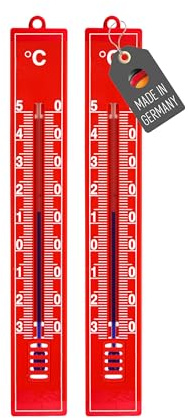 Lantelme - Conjunto de 2 termómetros de jardín rojos con pantalla de temperatura de -30°C a 50°C | Termómetro analógico de plástico de 18 cm resistente a la intemperie para exterior, interior y jardín