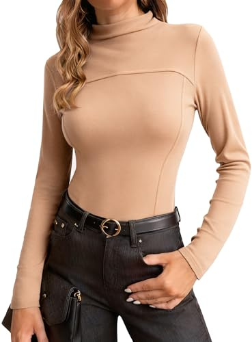 Wayleb Camiseta Termica Mujer Cuello Alto, Ropa Interior Termicas Mujer Manga Larga de Invierno Calido, Basica Top Elástica Color Sólido, Camel M