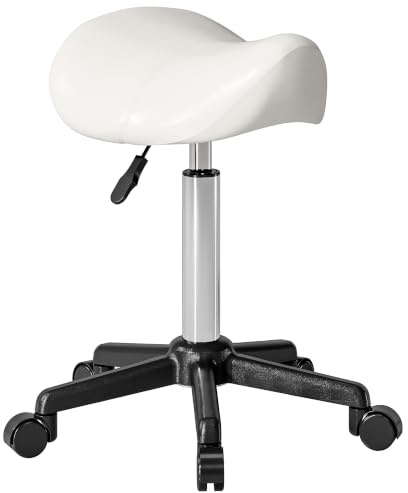HOMCOM Tabouret à roulettes Hauteur Réglable 45-57 cm Pivotant 360° Blanc | Tabouret de Massage, Selle Ergonomique, Chaise de Travail, Salon de Massage, Tatouage, Clinique, Spa