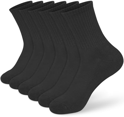 KOOOGEAR 6 Pairs Boys Girls Socks Kids Cushioned Sports Socks Black White Cotton Breathable School Athletic Crew Socks 6-12 Years (UK, Age, 9 Years, 12 Years, Regular, 6 Pairs Black)