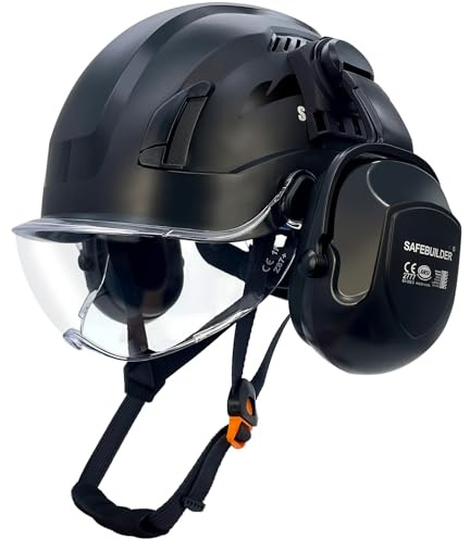 SAFEBUILDER S1C Safety Helmet with Visor Ear Muffs Hard Hats Construction Head Protection Lightweight Breathable Work Outdoor,Industrial ANSI Approved (S1C-Black+Clear Visor+B07 Earmuffs)