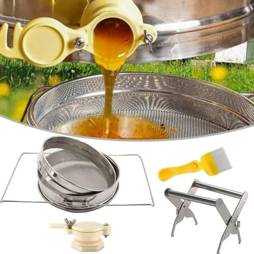 URPIZY Honey Harvesting Kit de 4 filtres à miel avec filtre à miel, support de cadre et porte à miel en acier inoxydable pour apiculteurs - Kit de démarrage de récolte de miel