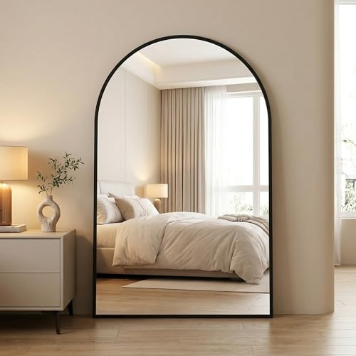 BEAUTYPEAK Espejo de pared curvo con marco en negro, 120x80 cm. Espejo de baño de aleación de aluminio resistente a roturas. Puede colocarse apoyado contra la pared o colgado. Espejo de pie para