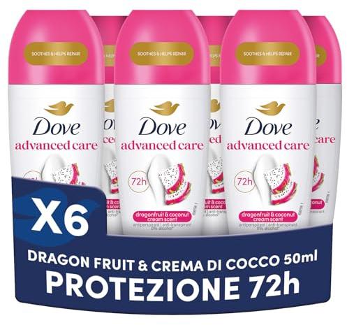 Dove Deodorante Roll On Advanced Care Dragon Fruit & Coconut Cream, Deodorante 48 Ore Protezione Sudore e Odori, Formula Idratante e Delicata, Ripara la Pelle dopo la Rasatura, 6 Pezzi da 50 ml