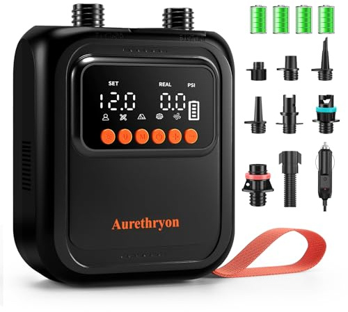 Rechargeable Gonfleur Paddle Electrique,Pompe Portable 20 PSI | arrêt Automatique,Double Alimentation 12V DC & Batterie,avec 7 Buses à Air,pour Matelas Kayaks,Tentes
