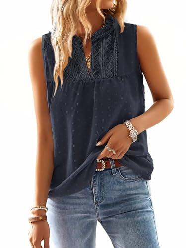 TUUHAW Debardeur Femme Chemisiers et Blouses sans Manche d'Été Col en V | Bohème Fluide Chemise, Élégant Lâche, Plissé Blouse, sans Manches T Shirt, d'Été Col V Chemise, Dentelle d'Affaires Tank Top