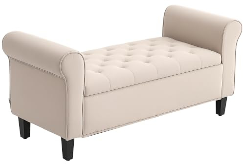 HOMCOM Banc de Rangement Bout de Lit avec Accoudoirs 126x48,5x57 cm Beige | Coffre de Rangement, Tissu Velours Rembourré et Capitonné, Charge jusqu'à 220 kg, pour Salon, Chambre, Entrée
