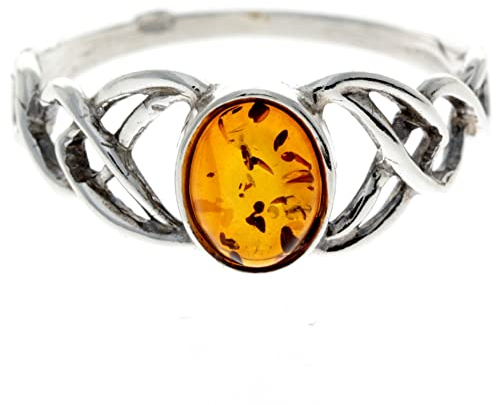 SilverAmber Jewellery - 925 Sterling Silber & Echter Baltischer Honig Bernstein Keltischer Ring - Ringgröße 54 (17.2) - 7482N