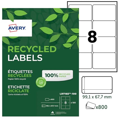 Avery Printable, Customisable Recycled Parcel Shipping Labels, Laser Printers, 8 Labels Per A4 Sheet, 800 per Pack (LR7165-100)