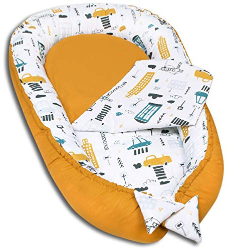 PaLulli Babynest - Morbido nido multifunzione con materasso extra morbido, in cocco, paracolpi, lettino da viaggio per neonato, 100% cotone certificato Oeko-TEX, prodotto nell'UE (The Cars)