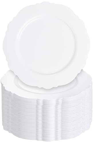 WDF 60pcs White Plastic Plates -10.25inch Baroque White Disposable Dinner Plates for Upscale Parties/Wedding