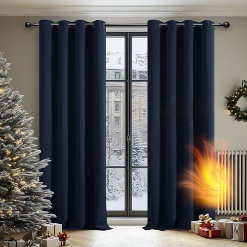 Deconovo Curtains 84 Inch Drop Super Soft Eyelet Curtains Thermal Insulated Noise Reducing Blackout Curtains for Bedroom Navy Blue 46 x 84 Inch 2 Panels