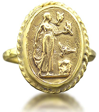 Ancient Roman Art Virgin Mary Signed Coin Ring 24K Gold Plated 925 Sterling Silver Ring Handcrafted Hammered Jewelry by Pellada