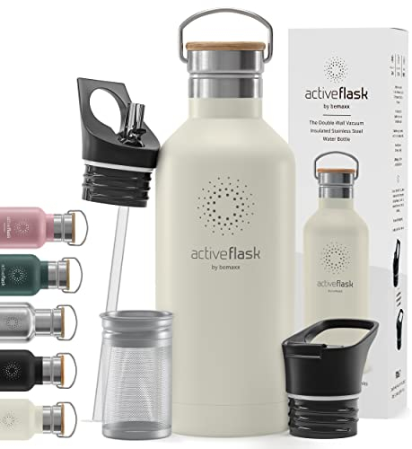 Trinkflasche Edelstahl mit Strohhalm, Infuser + 3 Deckel: BPA-frei, Auslaufsicher, Kohlensäure geeignet - Wasserflasche Fahrrad Thermosflasche Isoliert Isolierflasche Sport Wasser Flasche Kinder Tee