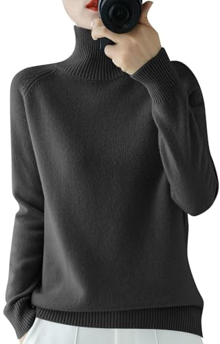 Suéter de Cachemira con Cuello Alto para Mujer, suéter de Cachemira para Mujer, suéter Informal de Manga Larga con Cuello Redondo (Black,M)