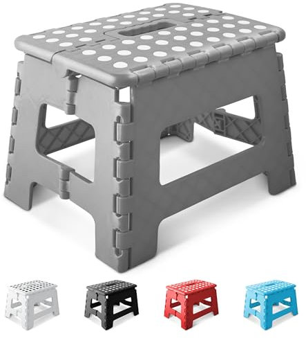 KEPLIN 9 Inch Heavy Duty Folding Step Stool | Non-Slip Foldable Footstool for Toddlers, Children & Adults | Portable, Lightweight Plastic Footstep w/Carrying Handle for Indoor or Outdoor (Grey)