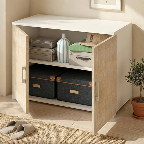 Dmora - Armoire polyvalente Bucaneve, Armoire linéaire avec 2 portes battantes avec étagère, Meuble d'entrée, Étagère à chaussures moderne, 100% Made in Italy, 90x45h66 cm, Chêne et Blanc