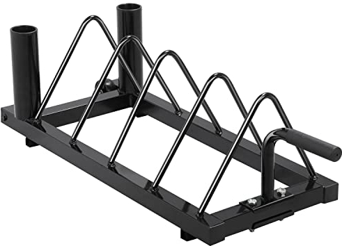 Yaheetech Hantelscheibenständer Hantelscheibenablage mit 4 Steckplätze und 2 Langhantelständer Hantelständer auf Rollen Gewichtsständer Hantelablage Scheibenaufnahme bis 136 kg belastbar