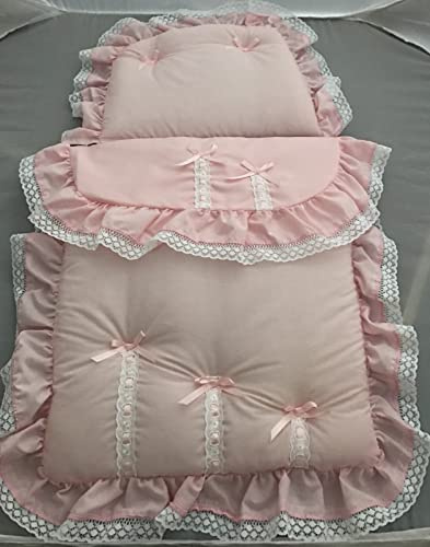 Silver Cross Dolls Pram Bedding Set + Mattress for Coach Built Pram Oberon Chatsworth (Pink with Ribbon Design)