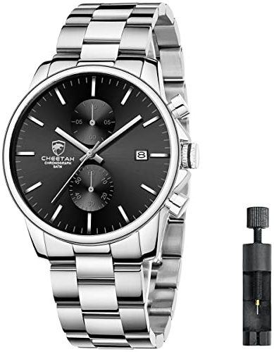 Affute Relojes de Hombre con cronógrafo Impermeable Casual Reloj de Cuarzo de Acero Inoxidable y Metal, Fecha automática en manecillas Coloridas, Plateado Negro