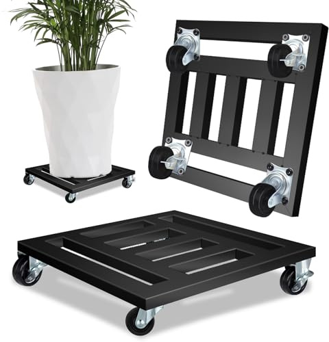 LUBORN Heavy Duty Plant Caddy with Wheels, 2 Pack Metal Rolling Plant Stand Indoor Outdoor, 12'' Square Plant Dolly with Lockable Caster Wheels Holds up 400 Lbs Planter, Black