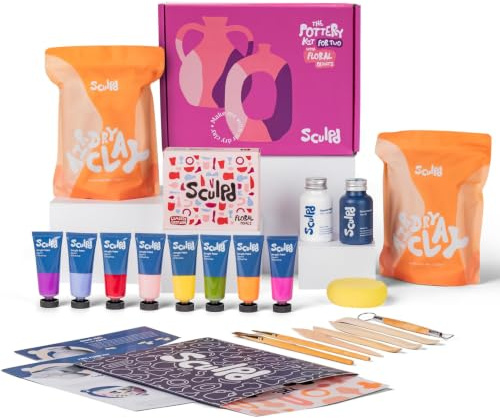 Sculpd Pottery Kit, Air Dry Clay Starter Kit for Beginners with Paint Set, Starter Bundles Includes a Pottery Tool Set, 8 Paints, Waterproof Varnish, Paintbrushes & Step-by-Step Guide for Adults