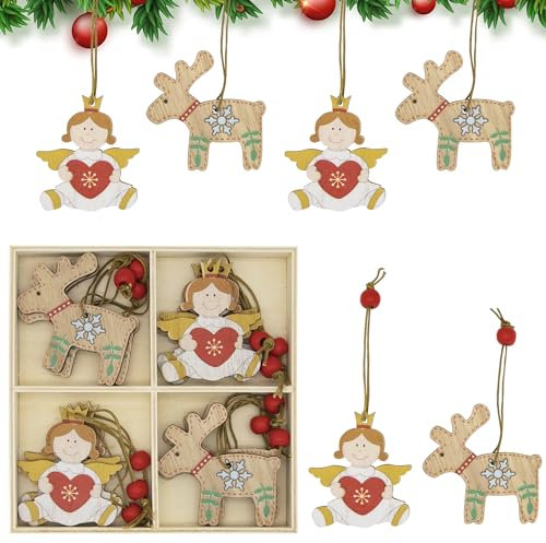 Christmas Decorations, 12Pcs Christmas Wooden Ornaments Elk Angel Xmas Tree Hanging Pendant Ornament Gifts Tags for Xmas Holiday Party Decoration Y7SGGS