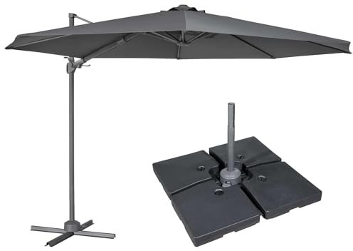 Dellonda Ø3m Cantilever Parasol/Umbrella, Cover and Base Bundle, 8 Rib, Crank Handle, 360° Rotation, 60° Tilt, Grey Canopy - DG272