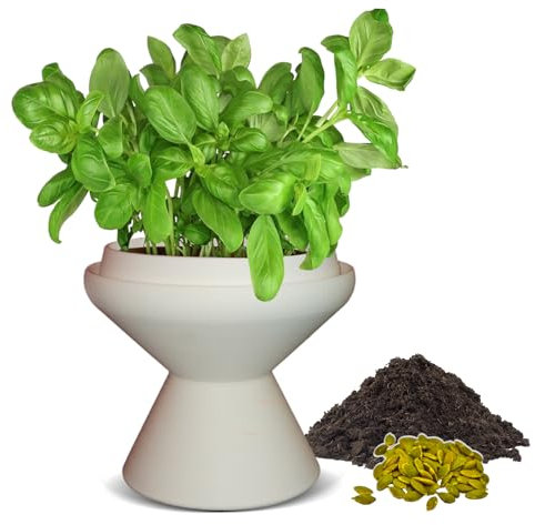 TURBOPOT™ Kit Prêt à Pousser – Potager d'intérieur Autonome & Design – Made in France – Terreau Universel + Graines Bio Basilic – Idée Cadeau & Art (Basilic)