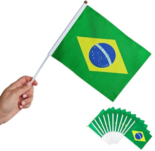 Runesol Paquet de 12 drapeaux à main Brésil, 14 cm x 21 cm Drapeaux à baguette, Anniversaire Sao Paulo, Mini-drapeaux à Main des Pays, Décoration de Fête Drapeaux à Main, Petits Drapeaux Brésiliens
