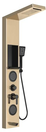 ELLO&ALLO Shower Panel System Tower with Shelf, Rainfall and Waterfall Head Rain Massage Stainless Steel Bathroom Fixtures with Adjustable Body Jets, Gold&Black