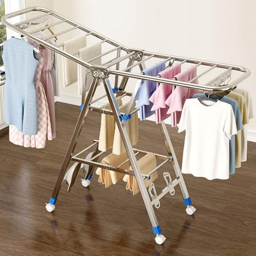WBRSybUS Drying Rack Adjustable Stainless Steel Foldable Clothes Dryer, Telescopic Wing Easy to Store Towel Clothes Shoes Laundry Room Frame, with Caster Dryer, Load-Bearing 100KG