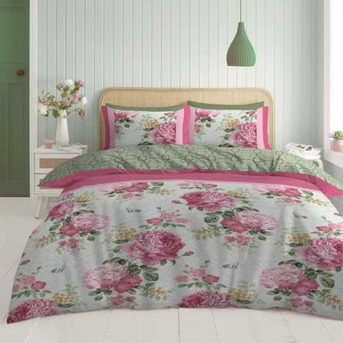 Lions King Size Duvet Cover with Fitted Sheet and Pillowcase - 4 Piece Complete Bedding Sets Reversible Floral Rose Printed Poly Cotton Quilt Covers Bed, Girls Women