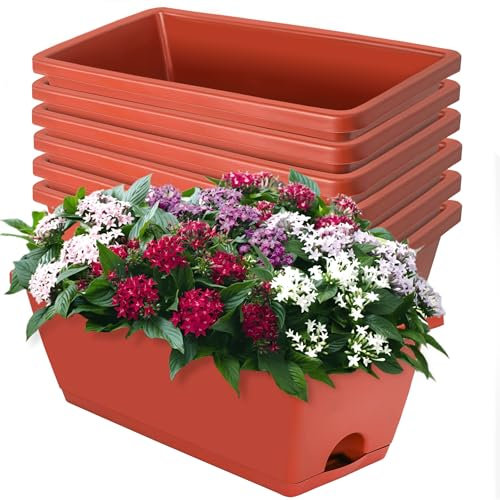 MUETKNYE Window Box Planter, 7 Pack Plastic Vegetable Flower Planters Boxes 17 Inches Rectangular Flower Pots with Saucers for Indoor Outdoor Garden, Patio, Home Decor (Brick RED)