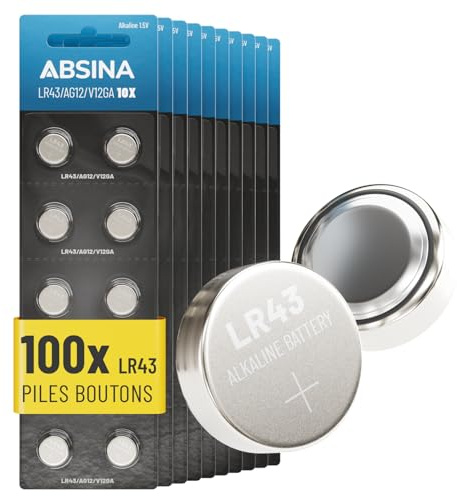 ABSINA AG12 LR43 knappceller 1,5 V alkaliskt – läckagesäker och hållbar | Förpackning med 100 batterier LR 43 / 186 / LR1142 / L1142 / V12GA / GPA76 / RW84
