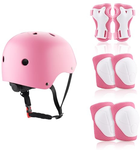 Gaethra Set Protecciones Patines Niño 7 Piezas con Casco Bici Niño Ajustable, Protecciones Patines Incluye Rodilleras, Coderas y Muñequeras para Ciclismo, Patinaje, Monopatín y Más (Rosa)