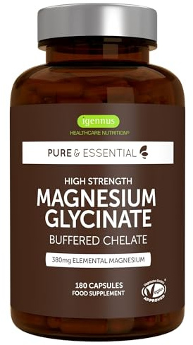 Glicinato de Magnesio Quelado 1300 mg, 380 mg de Magnesio Elemental Puro, 180 Cápsulas/ 3 Meses, Bisglicinato de Acción Rápida y Alta Absorción, Ingredientes Puros y Vegano, de Igennus