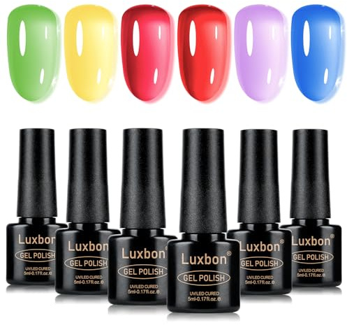 Luxbon 6 pcs Jelly Gel Nail Polish Set - Summer Vibrant Colour Set Long Lasting Gel Polish, uv led Soak Off Nail Art Designs Manicure Kit 016