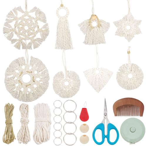 INFUNLY 8 Set DIY Macrame Christmas Ornaments Kits for Adults Beginners Handmade Woven Macrame Snowflake Angel Star Wreath Hanging Fairy Crochet Hanging Ornaments for Winter Home Wedding Party Decor