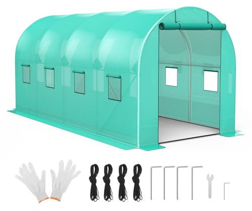 Invernadero, 210 x 450 x 210 cm, con base de acero, 1 puerta y 8 ventanas, túnel de lámina de acero galvanizado con anclaje de tierra y lámina protectora de rejilla reforzada, resistente al invierno