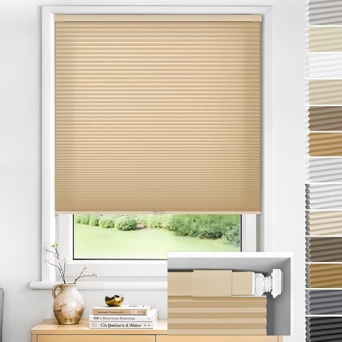 Jalousiescout QuickFit Wabenplissee nach Maß, ohne Bohren - Verdunkelung Thermo Doppelplissee Klemmfix Freihängende Plissees für Fenster & Türen, Gelb-Weiß, Lichtdurchlässig