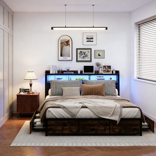 HYNHXBP Queen size-säng 180 x 200 cm med 4 lådor, sänggavel med LED-belysning och USB-laddning, metallsäng, vuxensäng med metalllameller, svart, PU