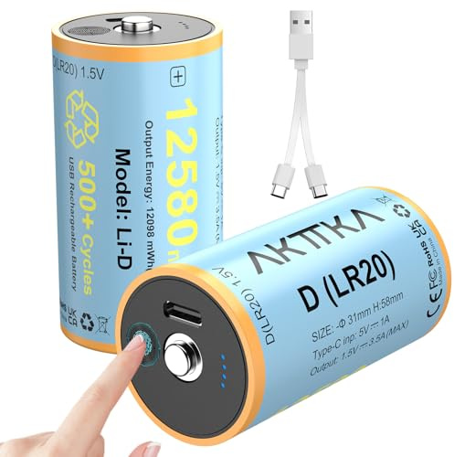 AKTTKA - Pilas de litio D recargables, 12580 mWh - Batería de iones de litio recargable con cable de carga USB-C 2 en 1, pilas D 1,5 V para juguetes de proyector, calefactor, cocina de gas