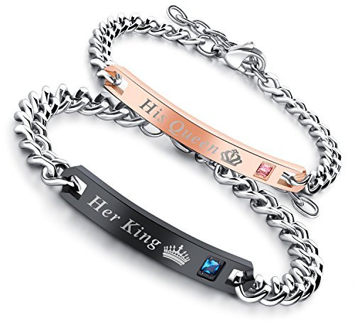 Flongo Paar Armbänder EIN Paar Edelstahl-Armbänder mit Zirkonia Textgravur Liebesschwüre Rose Gold + schwarz Partnerarmbänder Love-Schmuck Geschenke für Valentinstag Geburtstage Jahrestage