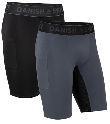 DANISH ENDURANCE Pantaloncini a Compressione, Shorts, Traspiranti e Quick Dry, con Tasca, da Uomo, 2 Paia, Multicolore (1x Grigio, 1x Nero), M