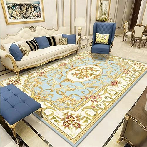Waschbarer Teppich Wohnzimmer Teppich Für Kinderzimmer Wohnzimmer Teppich Hellblau Retro Blumenmuster Langlebiger Teppich Weich 180X280Cm Teppich Oudoor Blau