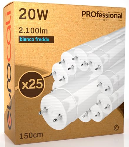 Eurocali 25x Tubi LED 150cm G13 T8 20W 2100 lumen Luce Bianco Freddo 6500K - Fascio Luminoso 160° - Sostituzione Neon