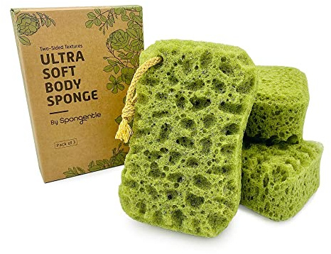 Spongentle Deep Cleansing Dual Texture Body Loofah Sponge, Vacuum Sealed, for Bath and Shower, for Gentle and Deep Exfoliation, Generous and Rich Lather, (Pack of 3)