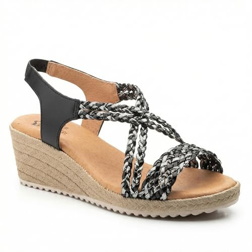 NOESLOMISMO BY DILEMA Sandales compensées femme en cuir, brides tressées confortables, semelle antidérapante légère, nu-pieds d’été élégants pour marche, vacances, ville et tenues casual chic